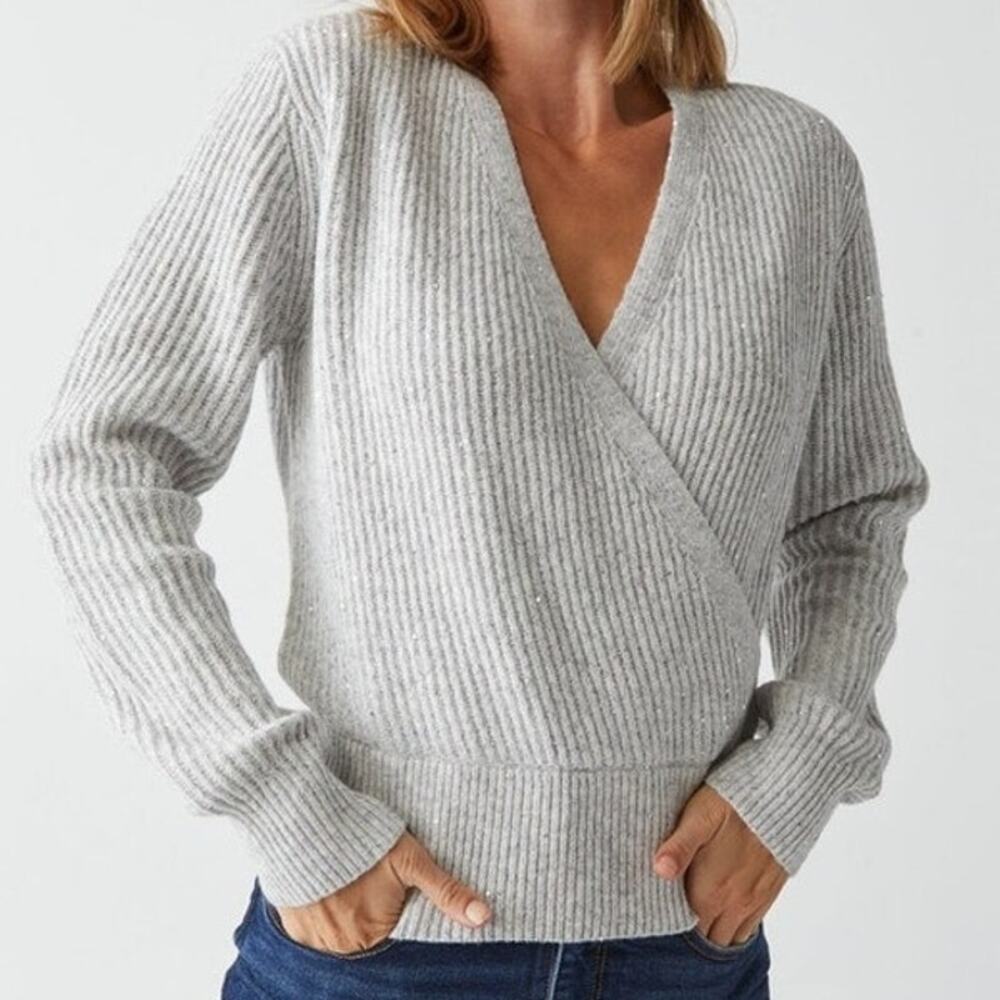 NEW Michael Stars Heather Grey Laurel Surplice Wool Sequin Faux Wrap Sweater XL